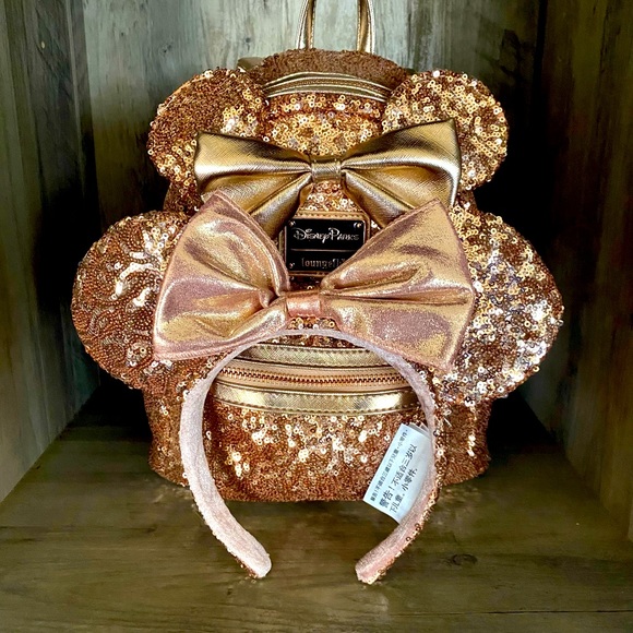 Rose Gold Disney Backpack and Disney Minnie Matching Ears - Picture 1 of 4